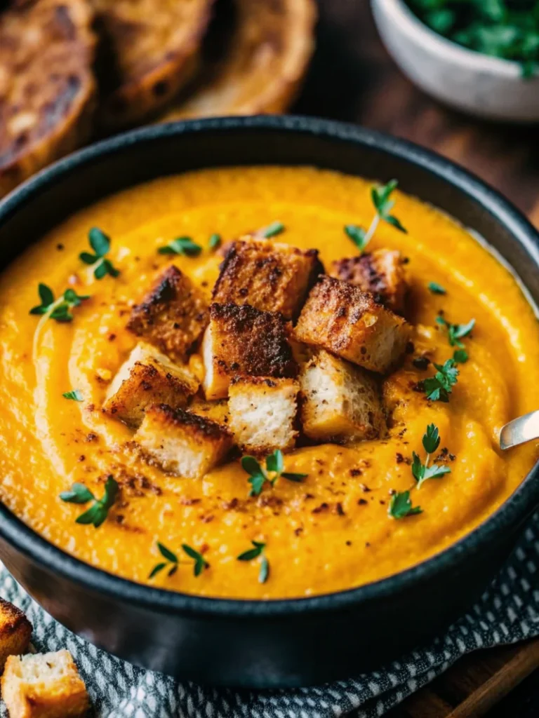 Creamy roasted butternut squash soup in a white bowl garnished with toasted pumpkin seeds and a swirl of coconut milk, surrounded by fresh herbs and roasted butternut squash cubes on a rustic wooden table