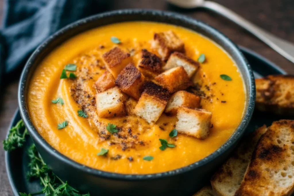 Creamy roasted butternut squash soup in a white bowl garnished with toasted pumpkin seeds and a swirl of coconut milk, surrounded by fresh herbs and roasted butternut squash cubes on a rustic wooden table