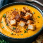Creamy roasted butternut squash soup in a white bowl garnished with toasted pumpkin seeds and a swirl of coconut milk, surrounded by fresh herbs and roasted butternut squash cubes on a rustic wooden table