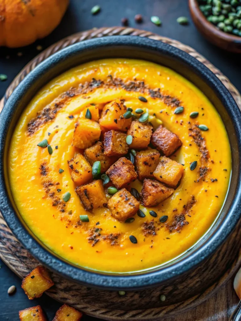 Creamy roasted butternut squash soup in a white bowl garnished with toasted pumpkin seeds and a swirl of coconut milk, surrounded by fresh herbs and roasted butternut squash cubes on a rustic wooden table