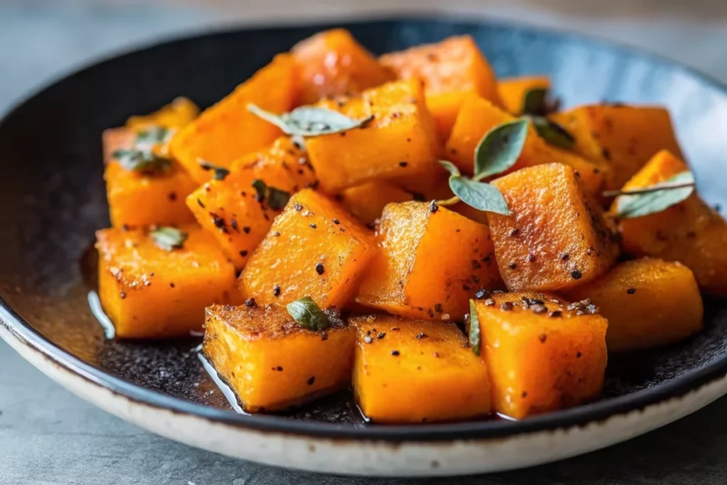 Golden brown roasted butternut squash cubes seasoned with herbs on a white baking sheet, perfectly caramelized with crispy edges