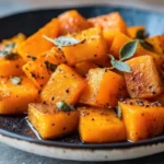 Golden brown roasted butternut squash cubes seasoned with herbs on a white baking sheet, perfectly caramelized with crispy edges
