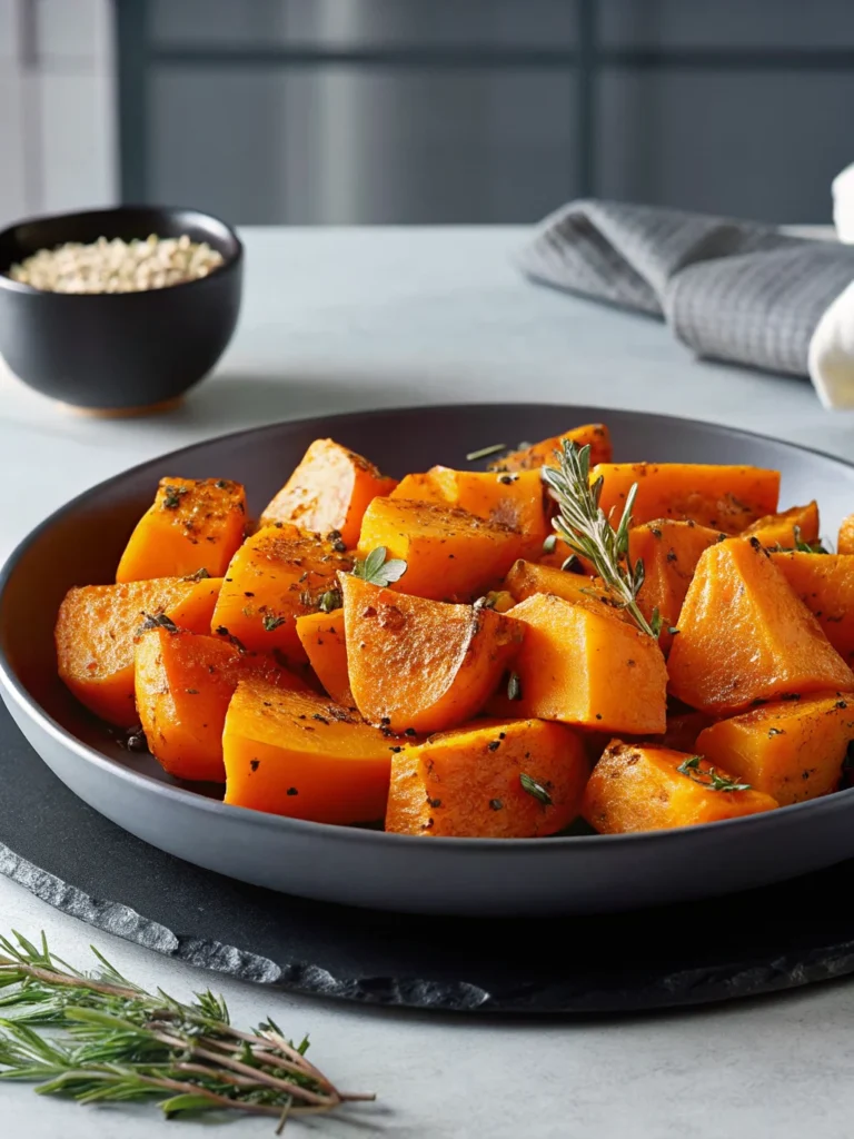 Golden brown roasted butternut squash cubes seasoned with herbs on a white baking sheet, perfectly caramelized with crispy edges