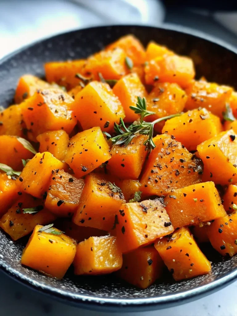 Golden brown roasted butternut squash cubes seasoned with herbs on a white baking sheet, perfectly caramelized with crispy edges