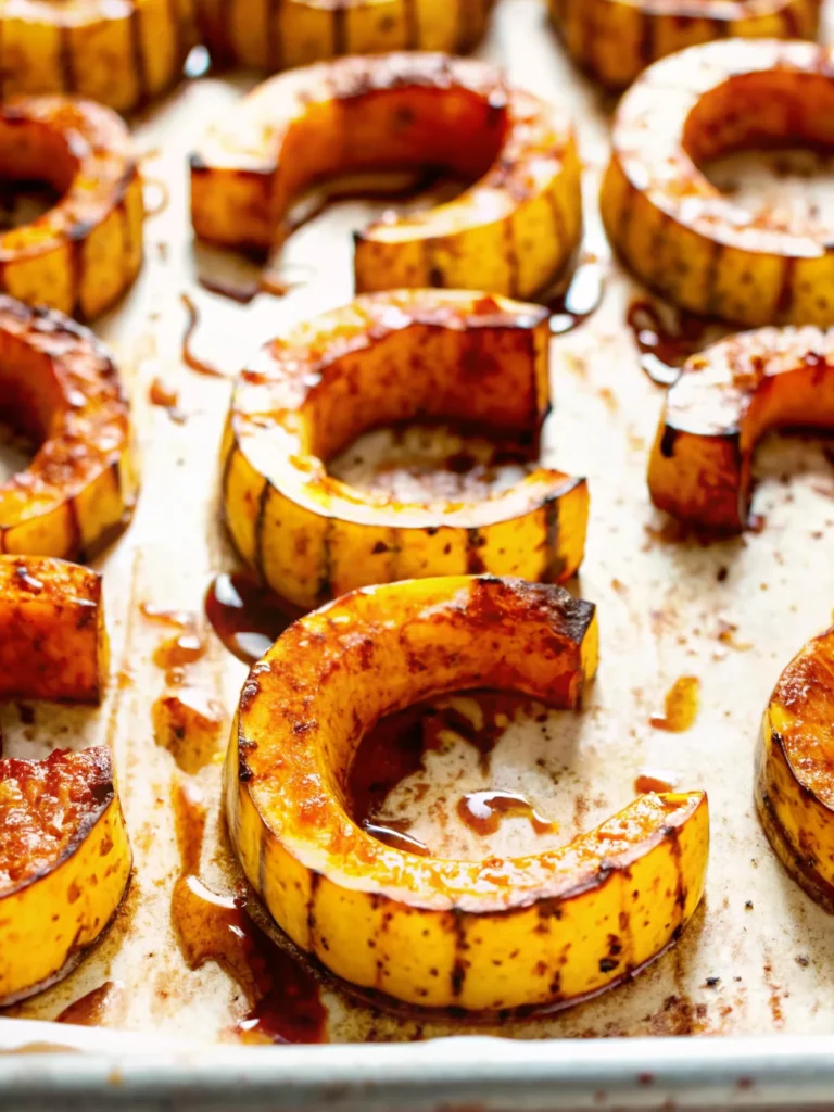 Golden roasted delicata squash rings with caramelized edges on parchment-lined baking sheet, delicata squash recipe