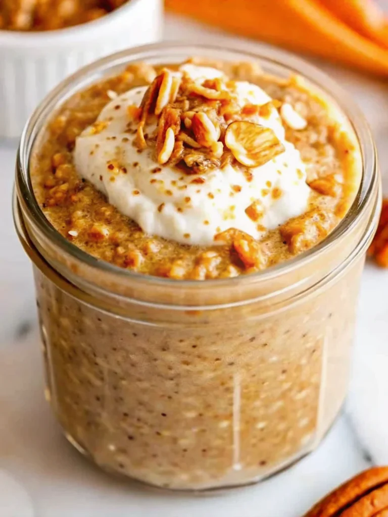 Creamy pumpkin pie overnight oats in mason jar topped with pecans and cinnamon for healthy fall breakfast meal prep