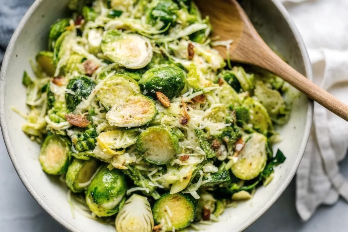 Fresh shaved Brussels sprout salad with Parmesan cheese and red wine vinaigrette in a white bowl, showing delicate green ribbons of raw Brussels sprouts