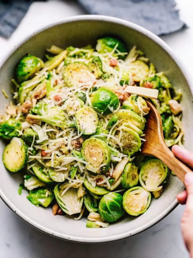 Fresh shaved Brussels sprout salad with Parmesan cheese and red wine vinaigrette in a white bowl, showing delicate green ribbons of raw Brussels sprouts