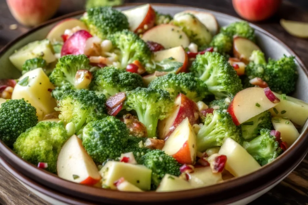 Fresh Honeycrisp apple broccoli salad with cranberries and pecans in white bowl showing colorful healthy apple salad recipe