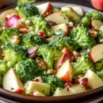 Fresh Honeycrisp apple broccoli salad with cranberries and pecans in white bowl showing colorful healthy apple salad recipe