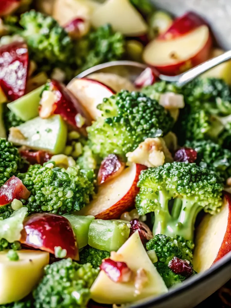 Fresh Honeycrisp apple broccoli salad with cranberries and pecans in white bowl showing colorful healthy apple salad recipe