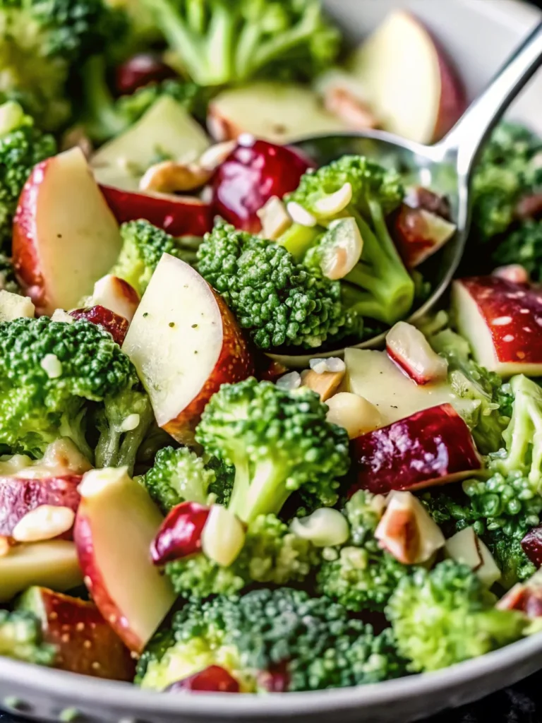 Fresh Honeycrisp apple broccoli salad with cranberries and pecans in white bowl showing colorful healthy apple salad recipe