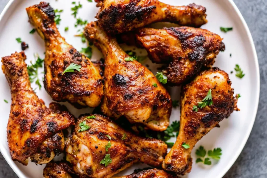 Crispy air fryer chicken legs on a plate—the best chicken drumsticks air frye recipe with golden skin and juicy meat