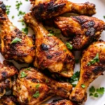 Crispy air fryer chicken legs on a plate—the best chicken drumsticks air frye recipe with golden skin and juicy meat