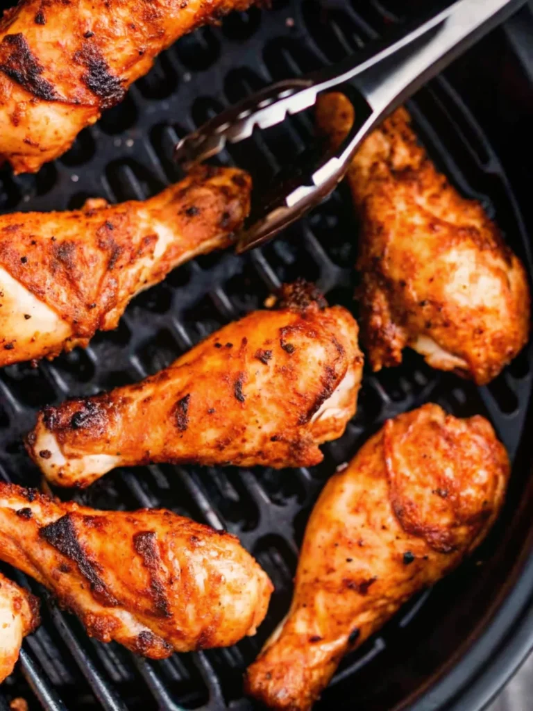 Crispy air fryer chicken legs on a plate—the best chicken drumsticks air frye recipe with golden skin and juicy meat