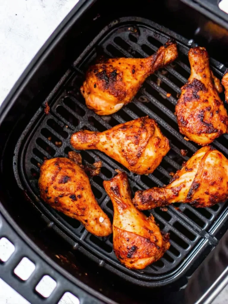 Crispy air fryer chicken legs on a plate—the best chicken drumsticks air frye recipe with golden skin and juicy meat