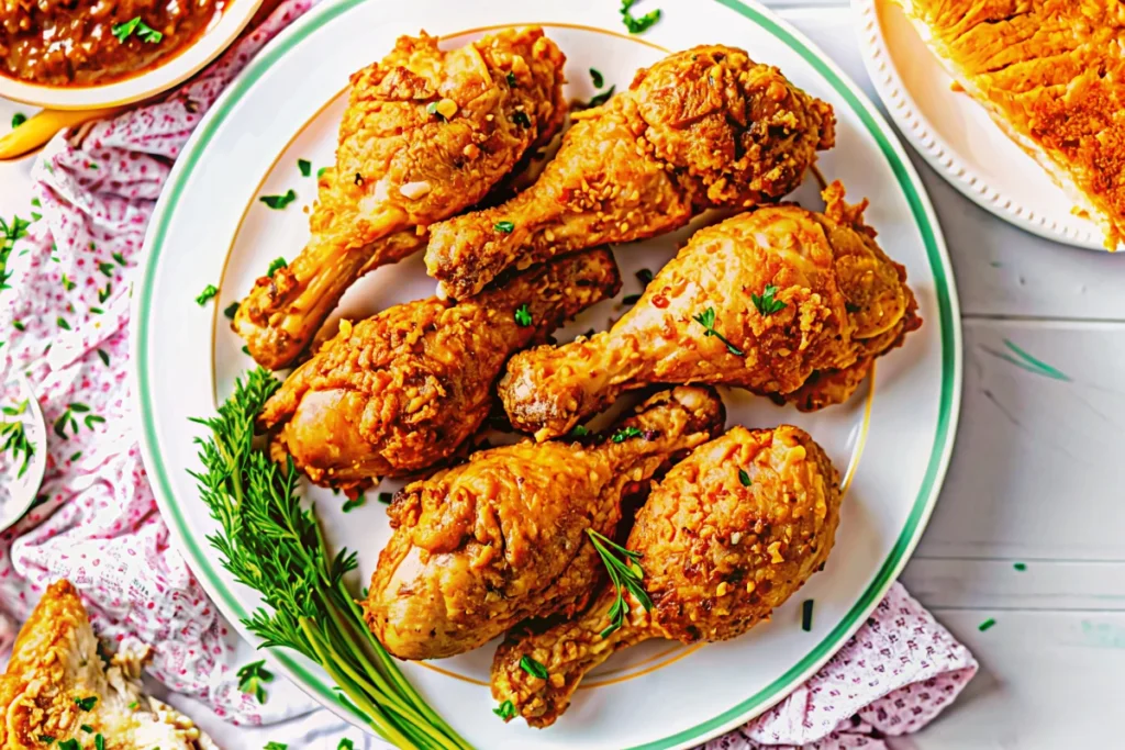 Crispy golden-brown chicken drumsticks air frye arranged in air fryer basket with perfectly seasoned skin and juicy interior visible
