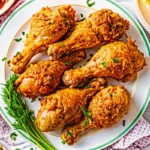 Crispy golden-brown chicken drumsticks air frye arranged in air fryer basket with perfectly seasoned skin and juicy interior visible