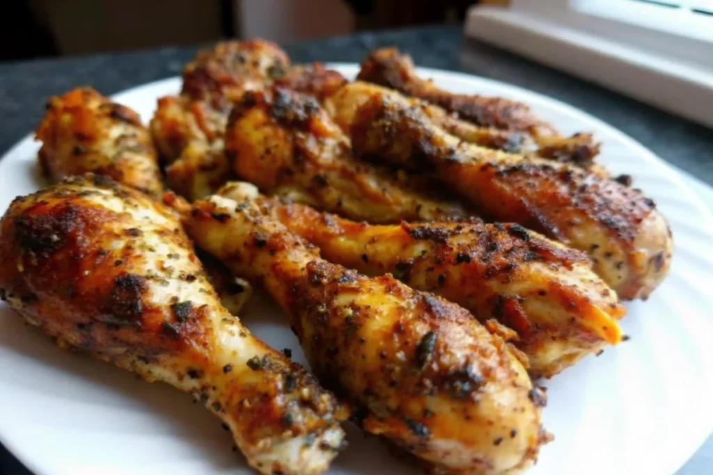 Crispy golden-brown chicken drumsticks air frye in air fryer basket with seasoning blend, showing perfectly cooked air fryer chicken drumsticks recipe