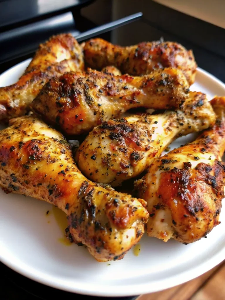 Crispy golden-brown chicken drumsticks air frye in air fryer basket with seasoning blend, showing perfectly cooked air fryer chicken drumsticks recipe