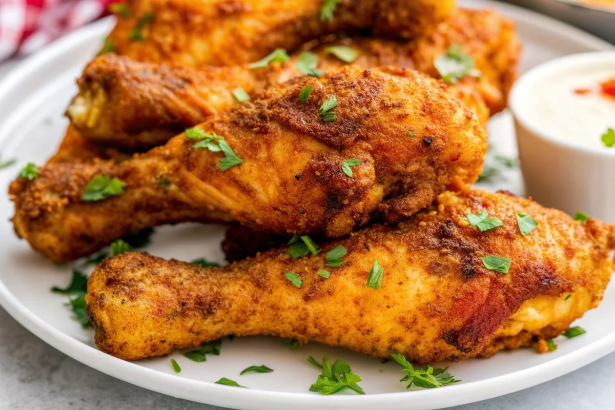 Crispy air fryer chicken drumsticks air frye golden brown seasoned with paprika and garlic powder