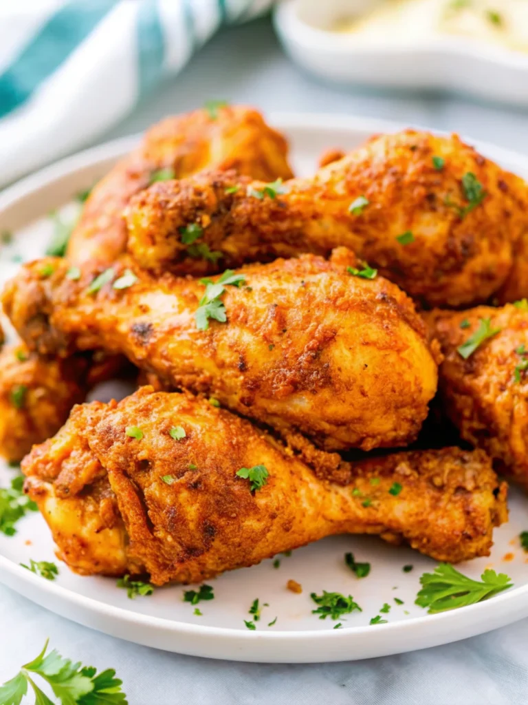 Crispy air fryer chicken drumsticks air frye golden brown seasoned with paprika and garlic powder