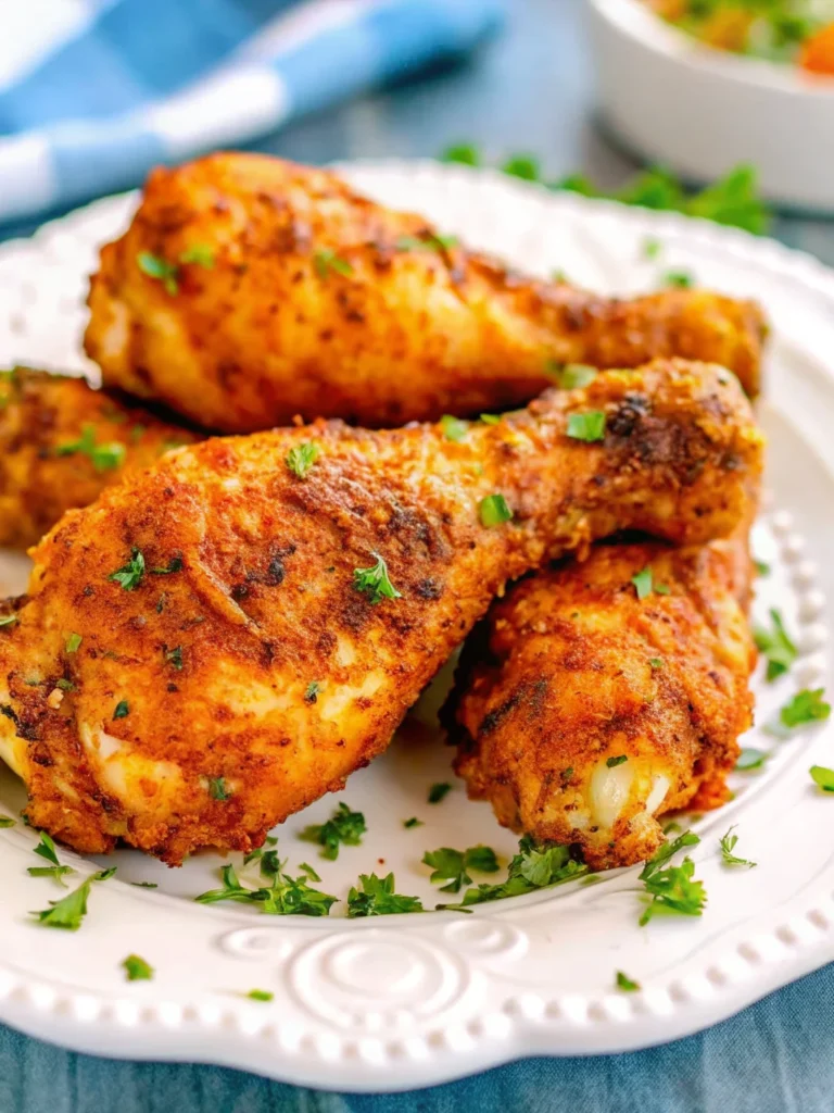 Crispy air fryer chicken drumsticks air frye golden brown seasoned with paprika and garlic powder