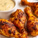 Crispy golden-brown chicken drumsticks air frye recipe arranged on white plate with ranch dipping sauce and fresh herbs garnish