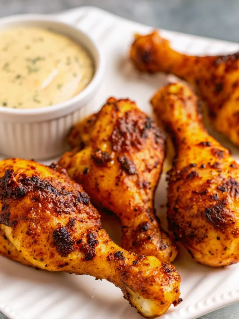 Crispy golden-brown chicken drumsticks air frye recipe arranged on white plate with ranch dipping sauce and fresh herbs garnish