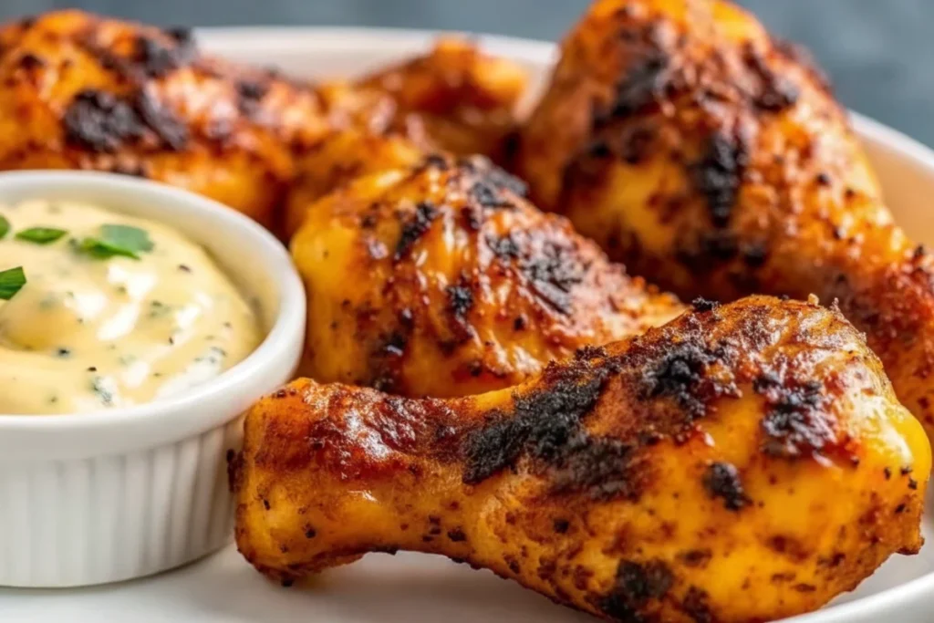 Crispy golden-brown chicken drumsticks air frye recipe arranged on white plate with ranch dipping sauce and fresh herbs garnish