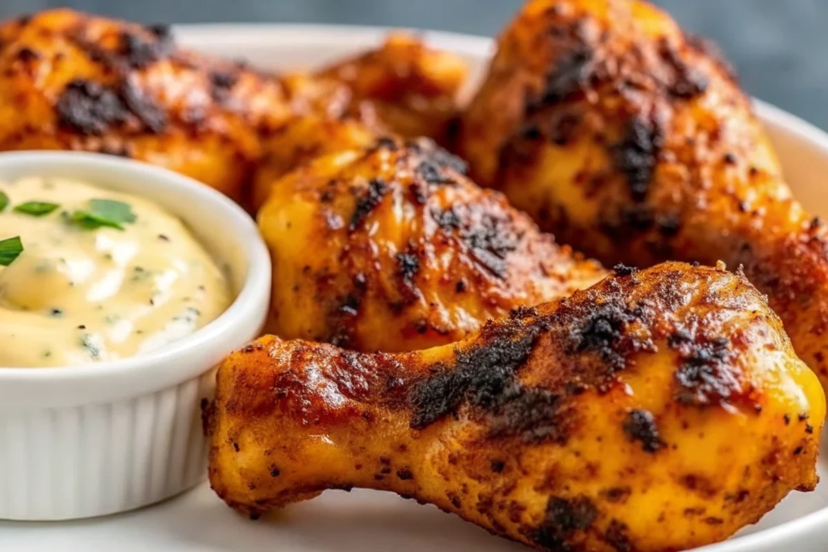Crispy golden-brown chicken drumsticks air frye recipe arranged on white plate with ranch dipping sauce and fresh herbs garnish