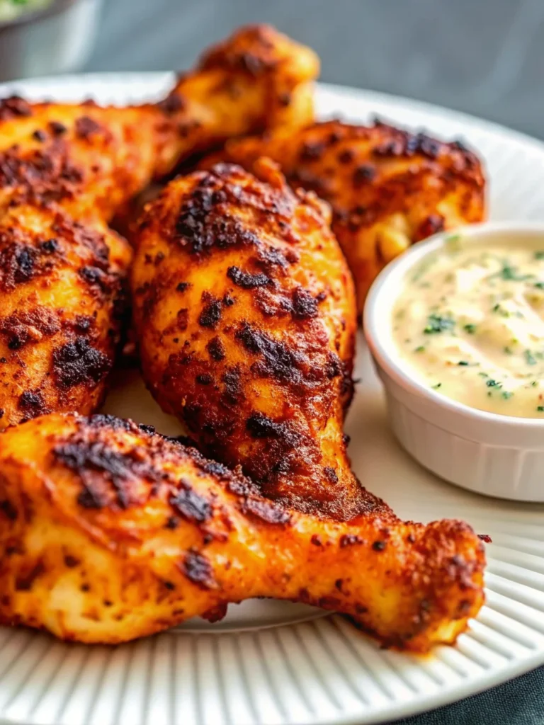 Crispy golden-brown chicken drumsticks air frye recipe arranged on white plate with ranch dipping sauce and fresh herbs garnish