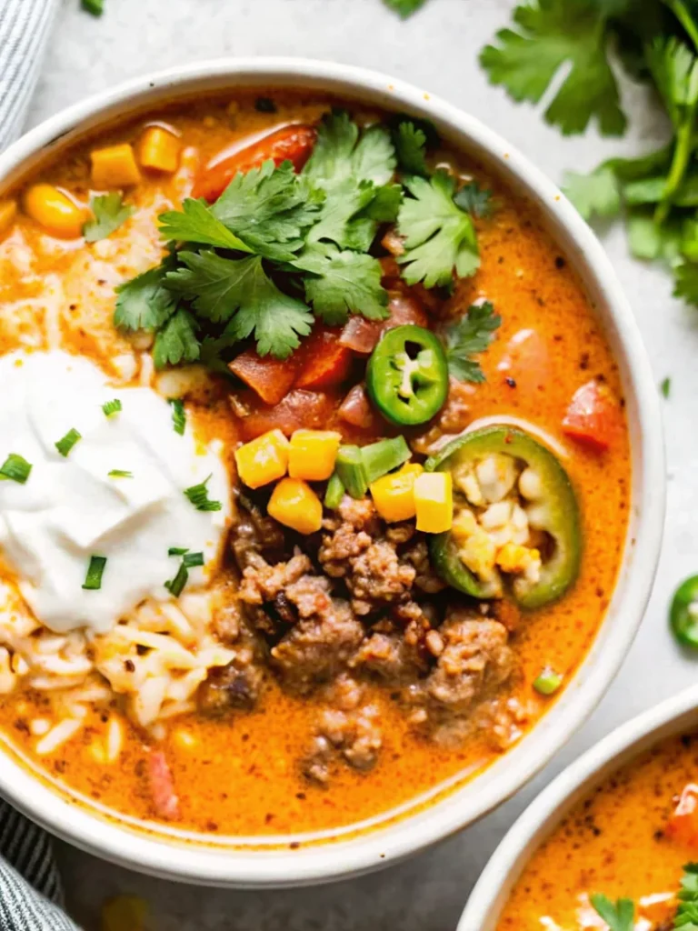 Creamy taco soup in white bowl topped with shredded cheese, sour cream, cilantro and avocado slices on wooden table
