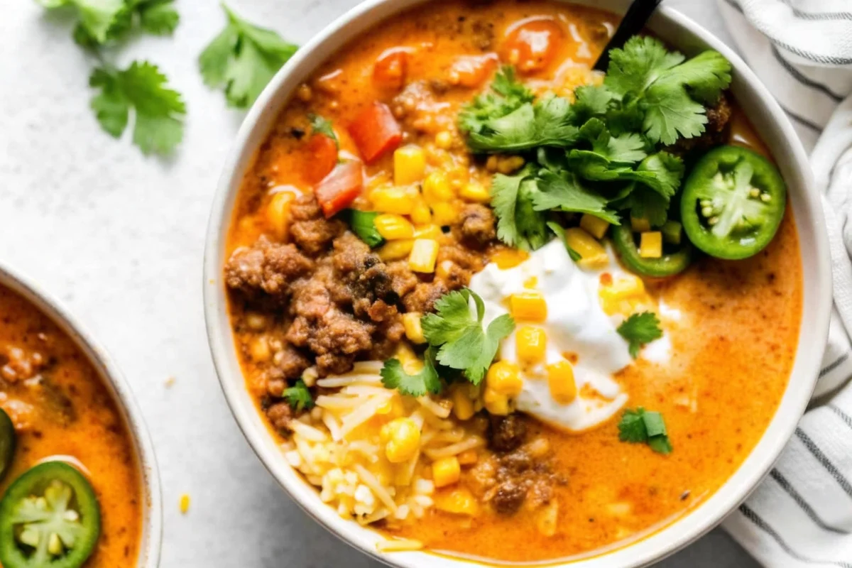 Creamy taco soup in white bowl topped with shredded cheese, sour cream, cilantro and avocado slices on wooden table