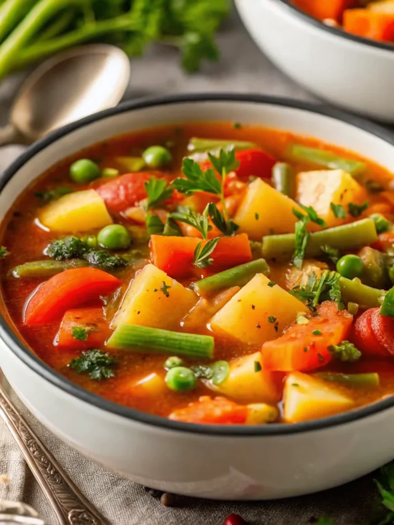 Colorful homemade vegetable soup recipe with carrots, celery, potatoes, and green beans in rustic bowl