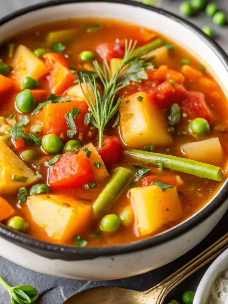 Colorful homemade vegetable soup recipe with carrots, celery, potatoes, and green beans in rustic bowl