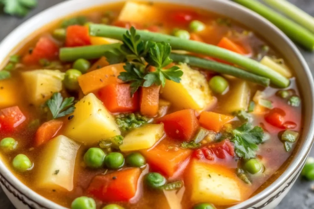 Colorful homemade vegetable soup recipe with carrots, celery, potatoes, and green beans in rustic bowl