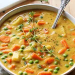 Creamy one-pot vegetable soup with colorful vegetables including carrots, peas, and corn in a white bowl garnished with fresh herbs