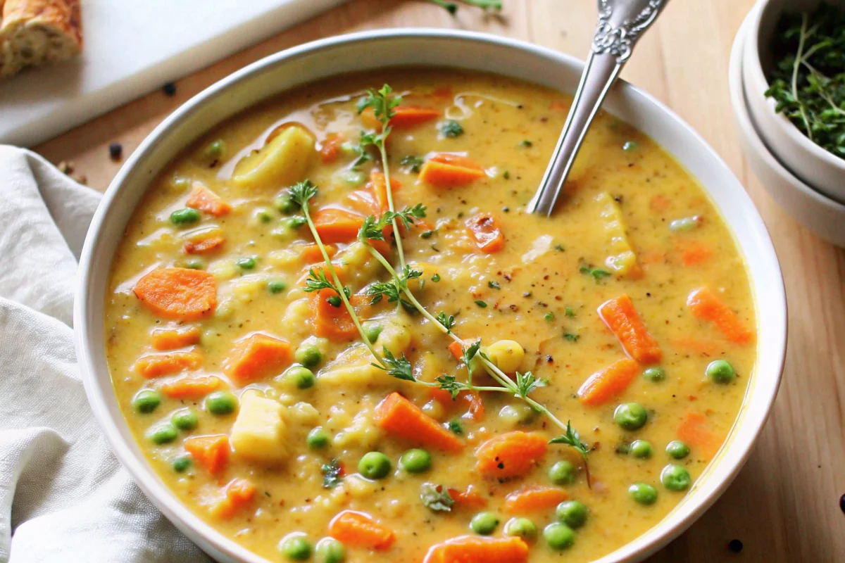 Creamy one-pot vegetable soup with colorful vegetables including carrots, peas, and corn in a white bowl garnished with fresh herbs