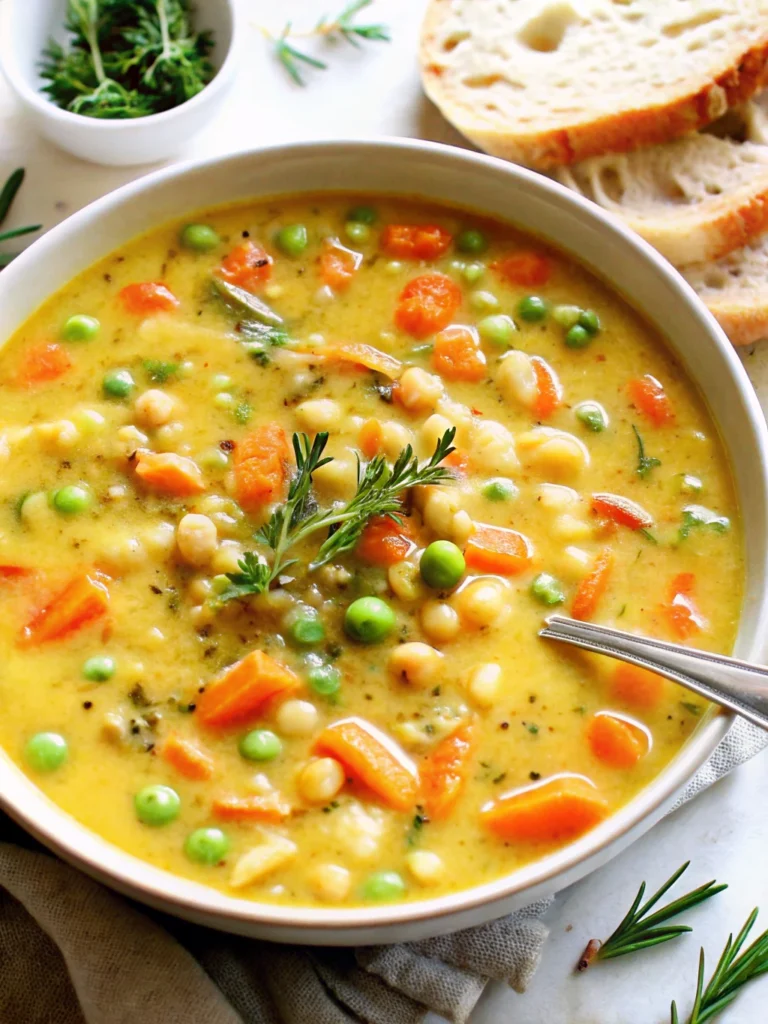 Creamy one-pot vegetable soup with colorful vegetables including carrots, peas, and corn in a white bowl garnished with fresh herbs