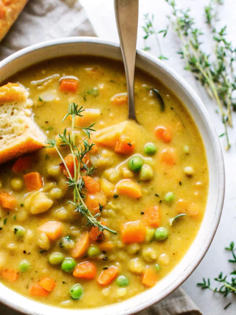 Creamy one-pot vegetable soup with colorful vegetables including carrots, peas, and corn in a white bowl garnished with fresh herbs