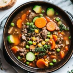 Hearty ground beef vegetable soup with carrots, potatoes, green beans and corn in a white bowl, garnished with fresh herbs