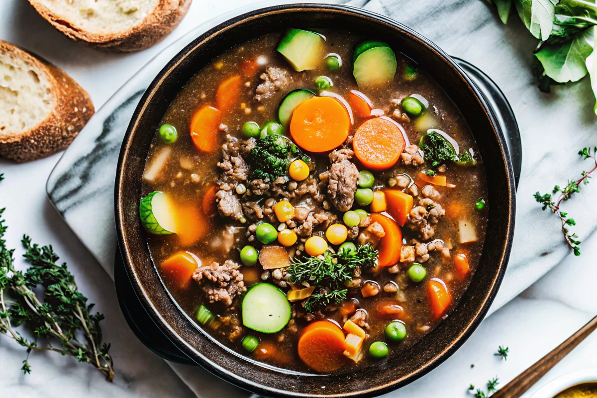 Hearty ground beef vegetable soup with carrots, potatoes, green beans and corn in a white bowl, garnished with fresh herbs