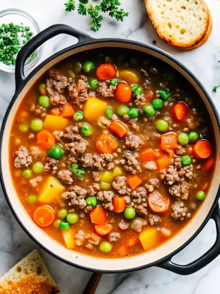 Hearty ground beef vegetable soup with carrots, potatoes, green beans and corn in a white bowl, garnished with fresh herbs