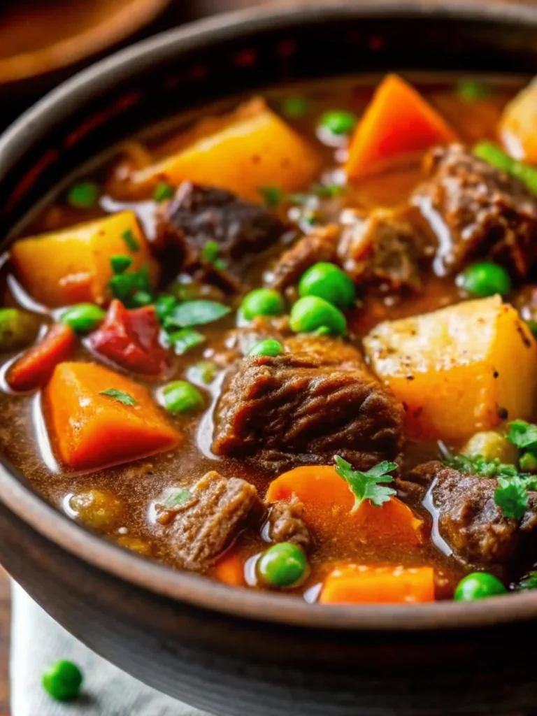 Homemade beef vegetable soup with chunks of tender beef, colorful vegetables including carrots, green beans, peas, and potatoes in rich broth served in white bowl