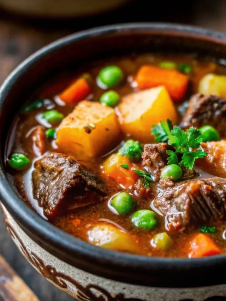Homemade beef vegetable soup with chunks of tender beef, colorful vegetables including carrots, green beans, peas, and potatoes in rich broth served in white bowl