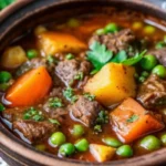 Homemade beef vegetable soup with chunks of tender beef, colorful vegetables including carrots, green beans, peas, and potatoes in rich broth served in white bowl