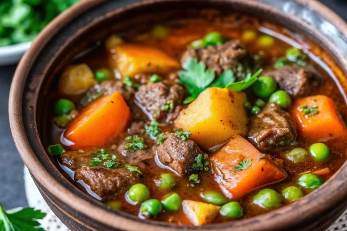 Homemade beef vegetable soup with chunks of tender beef, colorful vegetables including carrots, green beans, peas, and potatoes in rich broth served in white bowl