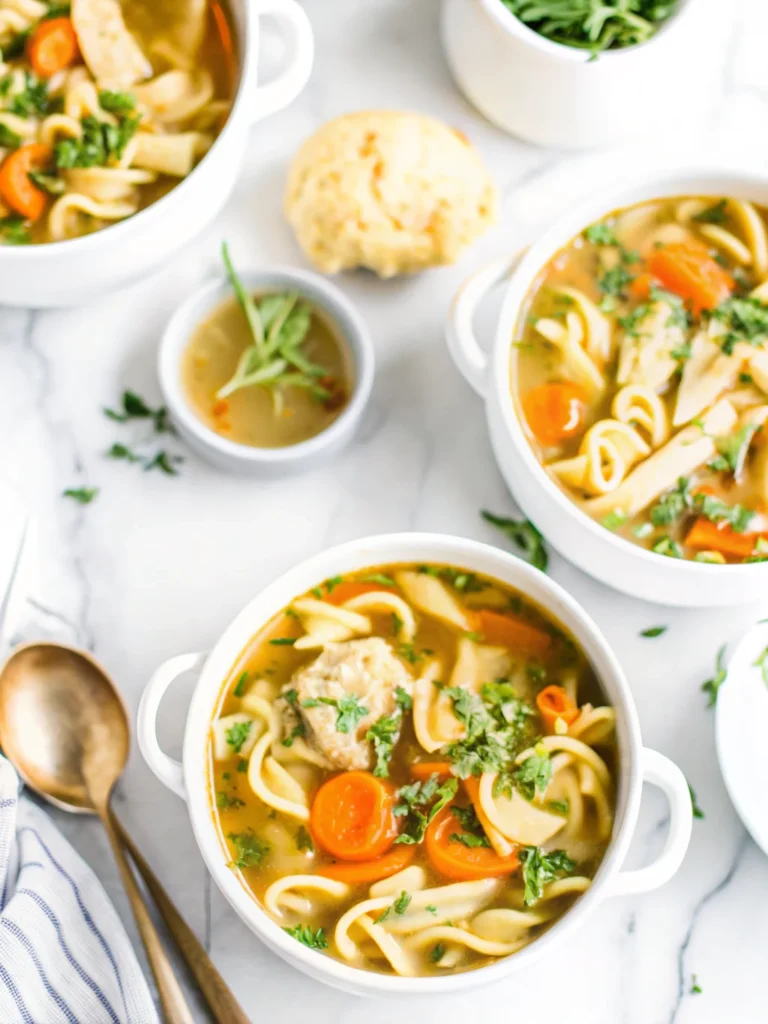 Homemade chicken noodle soup with tender shredded chicken, egg noodles, carrots, and celery in rich golden broth served in white bowl