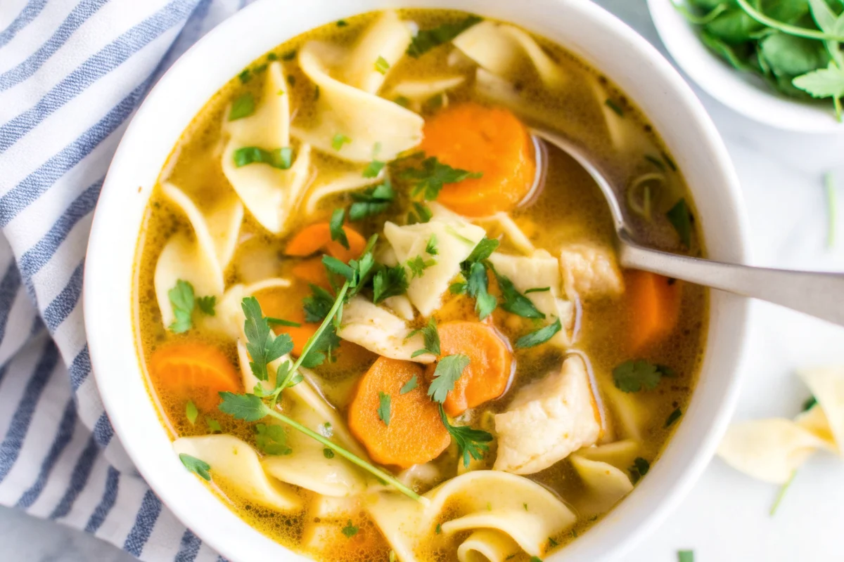 Homemade chicken noodle soup with tender shredded chicken, egg noodles, carrots, and celery in rich golden broth served in white bowl